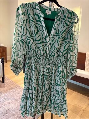 Aje Green and White Printed V-Neck Smocked Waist Dress